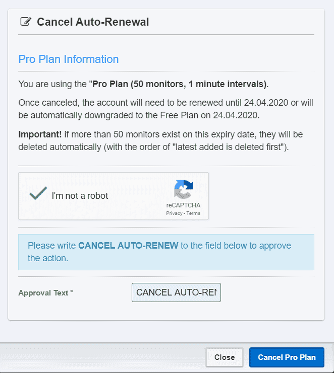 Screenshot of Auto renewal cancel process